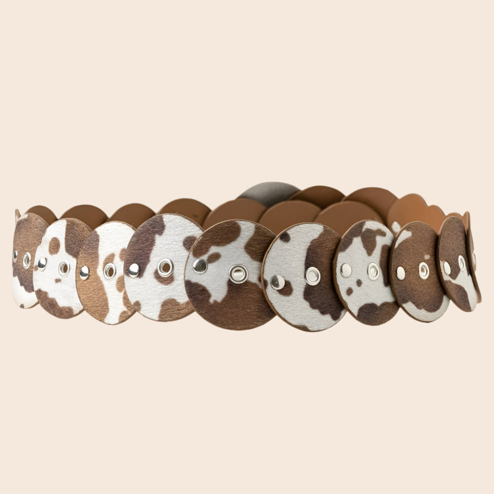 Western Inspired Faux Cowhide Large Round Buckle Belt