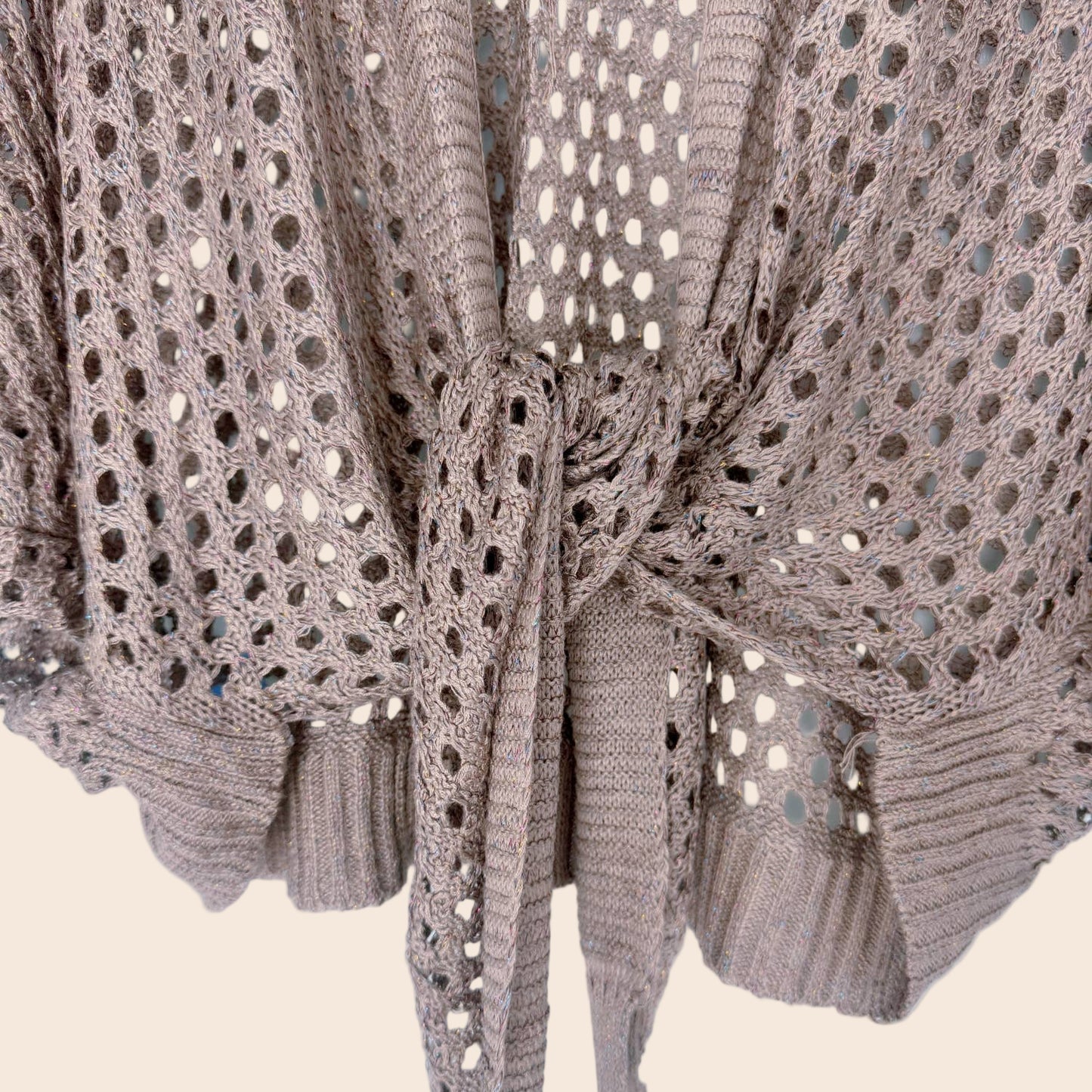 Eyelet Open-Knit Metallic Cardigan with Front Tie