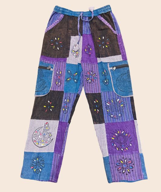 Purple Stamped Patchwork Pants