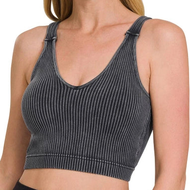 Washed Ribbed Cropped Seamless Bra Padded Tank Top
