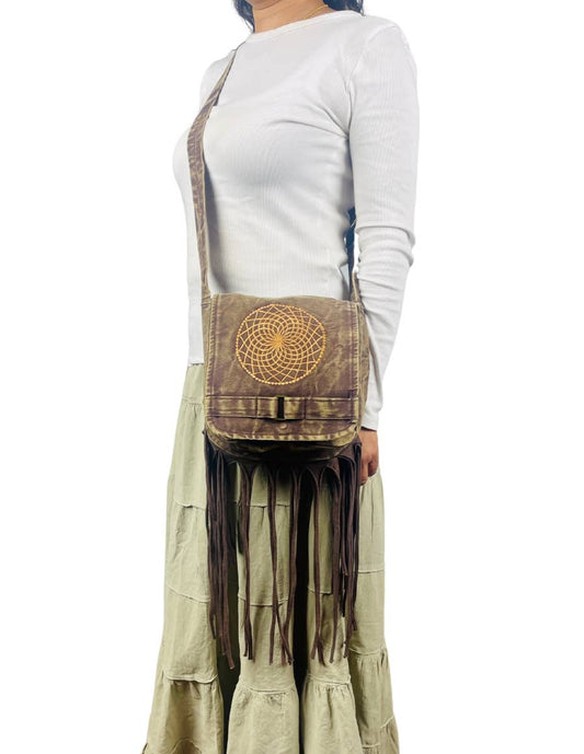 Geometric Embroidery Boho Fringe Crossbody Bag