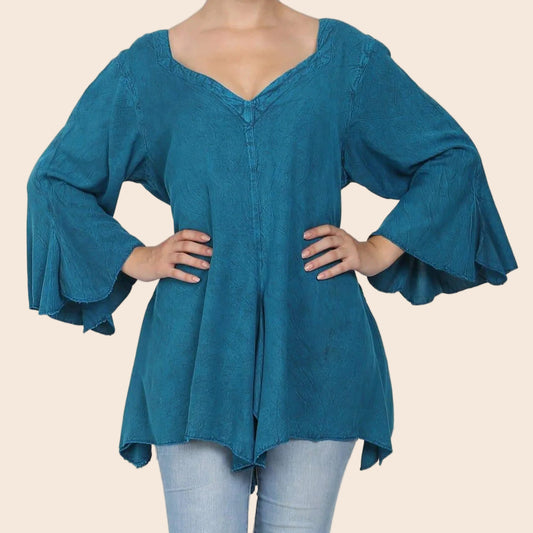 Renaissance Acid Wash Blouse 3/4 Sleeve