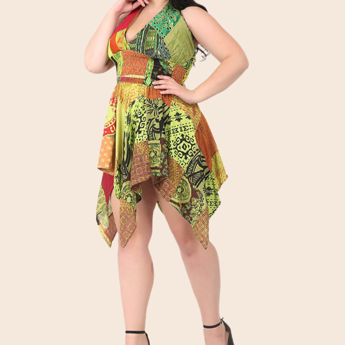 Smocked Waist Halter Patchwork Dress