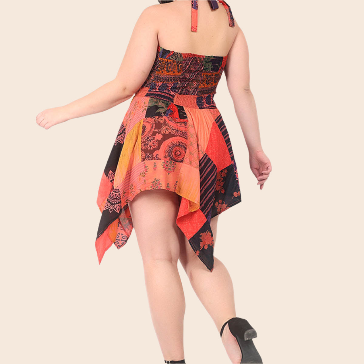 Smocked Waist Halter Patchwork Dress