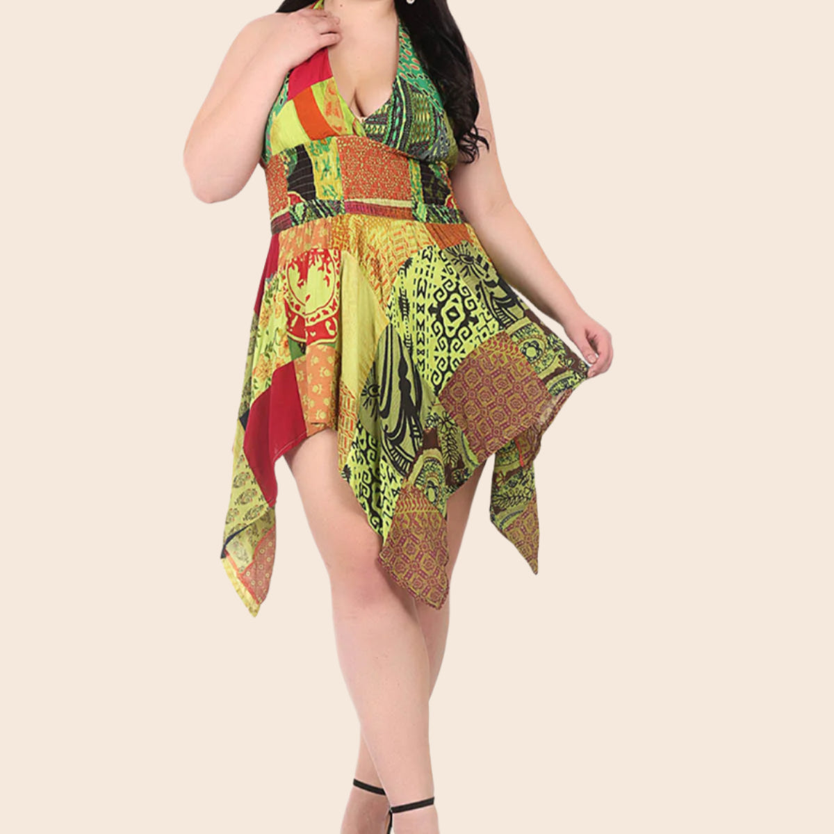 Smocked Waist Halter Patchwork Dress