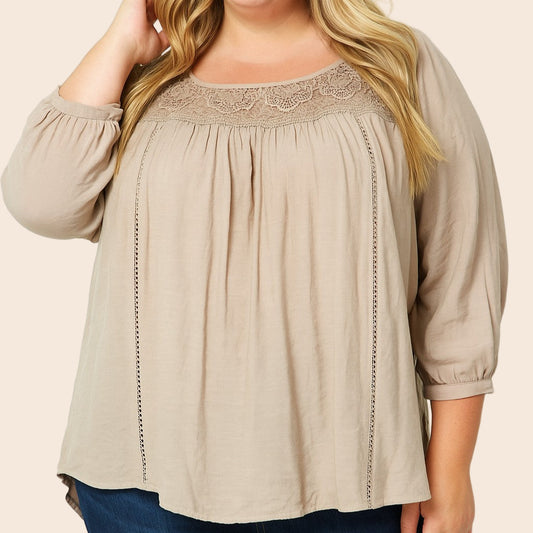 Plus Size Lace Panel Peasant Blouse