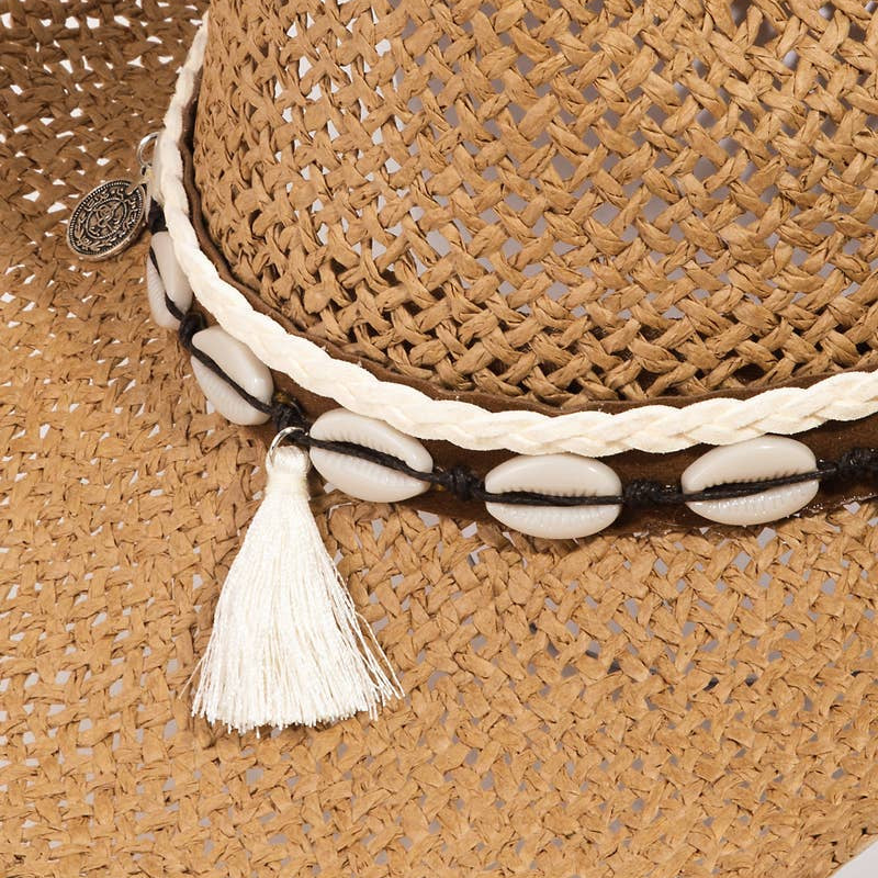 Cowrie Shell Rope Straw Braided Western Cowboy Hat