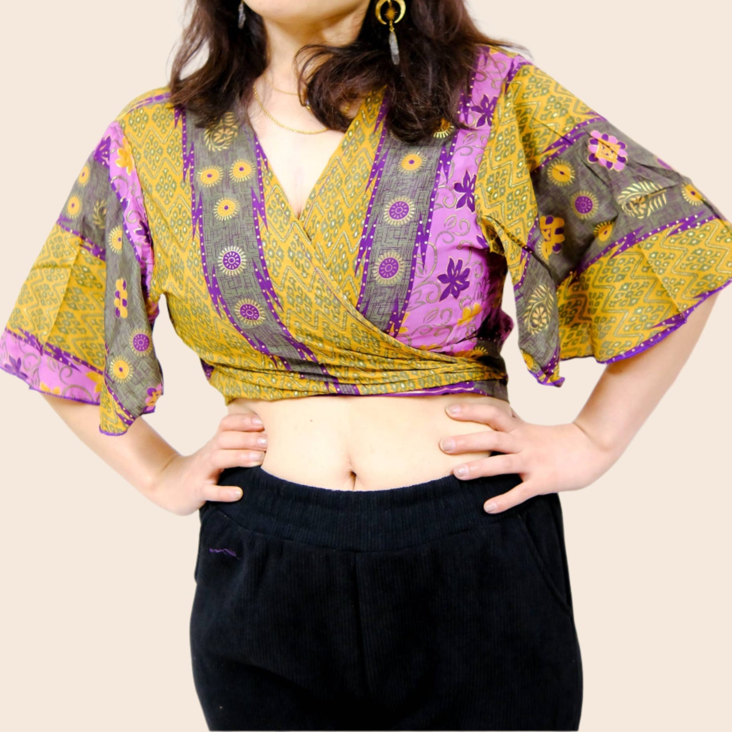 Half Sleeve Boho Wrap Crop Top