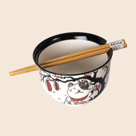 18oz 5"D Donburi Bowl With Chopsticks Set Lucky Cat Festival