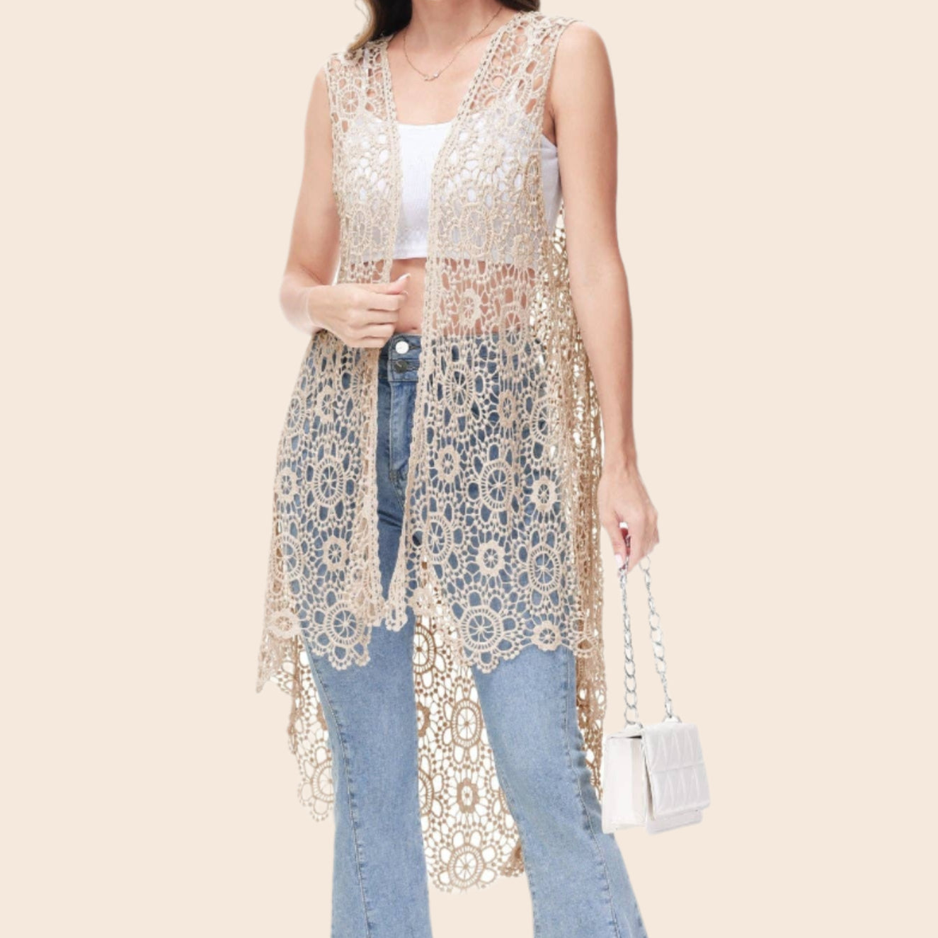Boho Crochet Long Vest Top Sleeveless Summer Cardigan