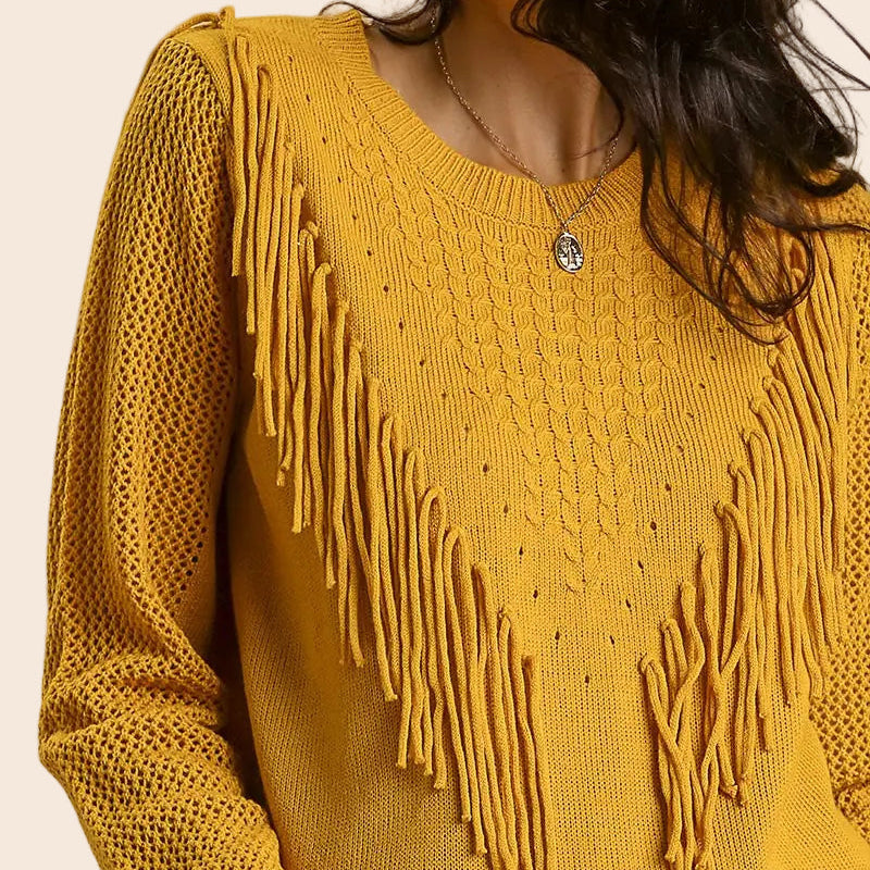 Open Knit Sleeve Fringed Sweater
