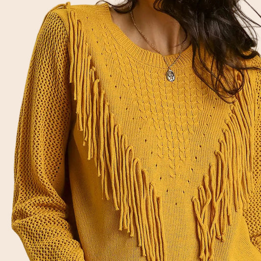 Open Knit Sleeve Fringed Sweater
