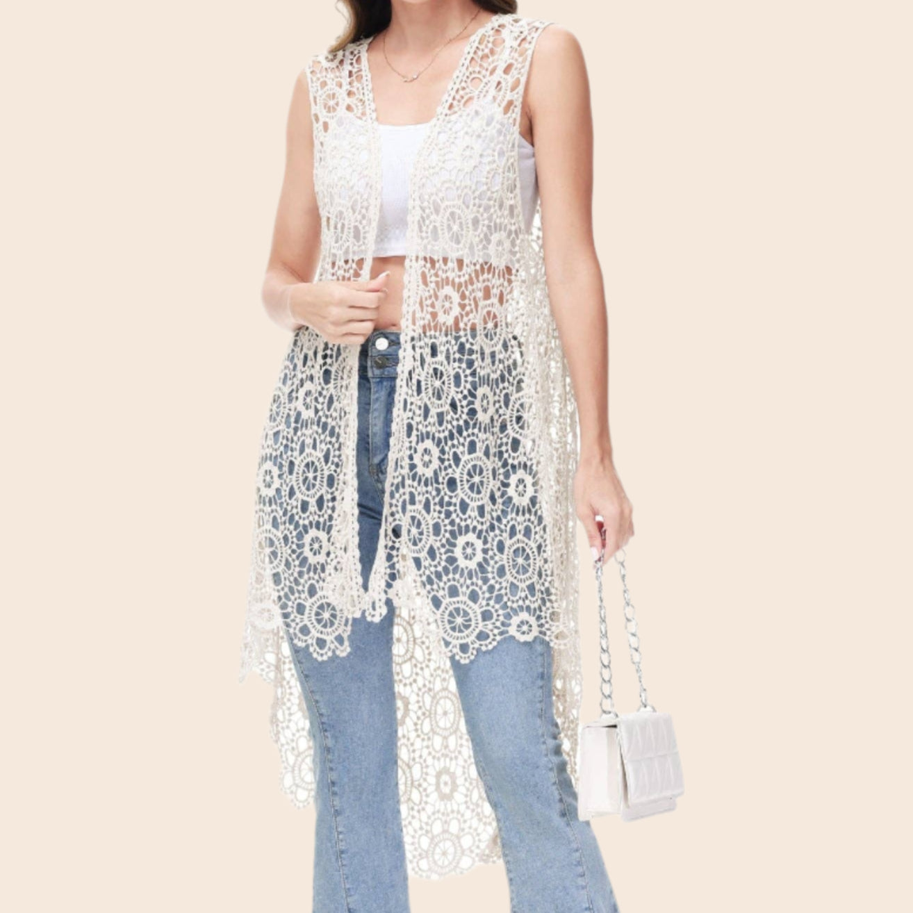 Boho Crochet Long Vest Top Sleeveless Summer Cardigan