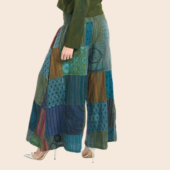 Smocked Waist Patchwork Palazzo Pants