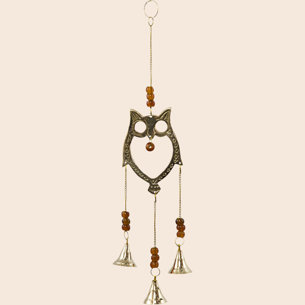 Brass Bell Chime Owl w/ Brown Beads