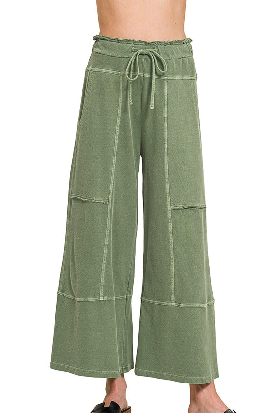 French Terry Washed Exposed-Seam Wide Leg Pants