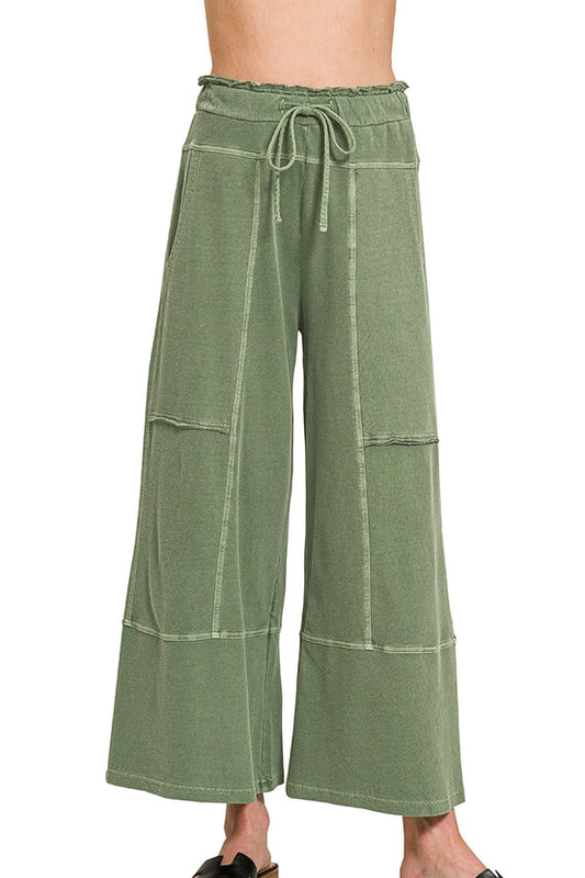 French Terry Washed Exposed-Seam Wide Leg Pants