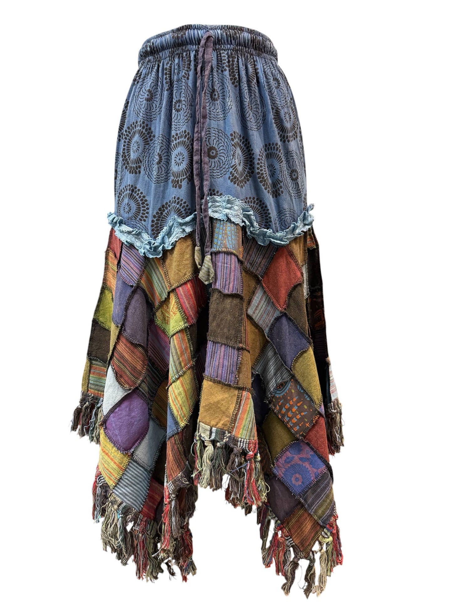 Cotton Patchwork Fringe Boho Skirt