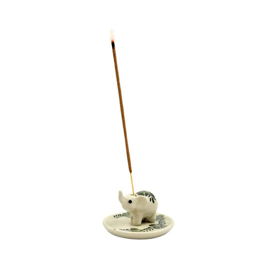 Elephant Floral on Round Ceramic Incense Holder