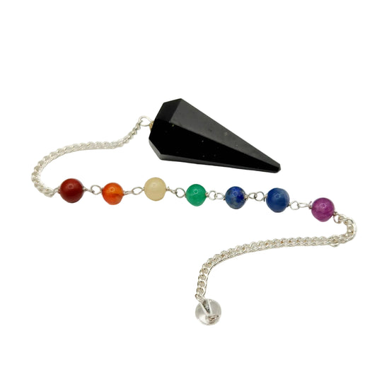 Black Tourmaline Pendulum w/Chakra Beads-Silver Plate Chain