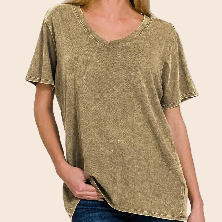 Washed Cotton Short Sleeve Top V-Neck