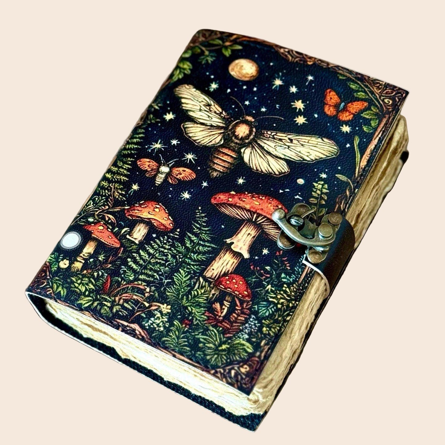 Leather Journal Blank Vintage Notebook with Mushroom Print