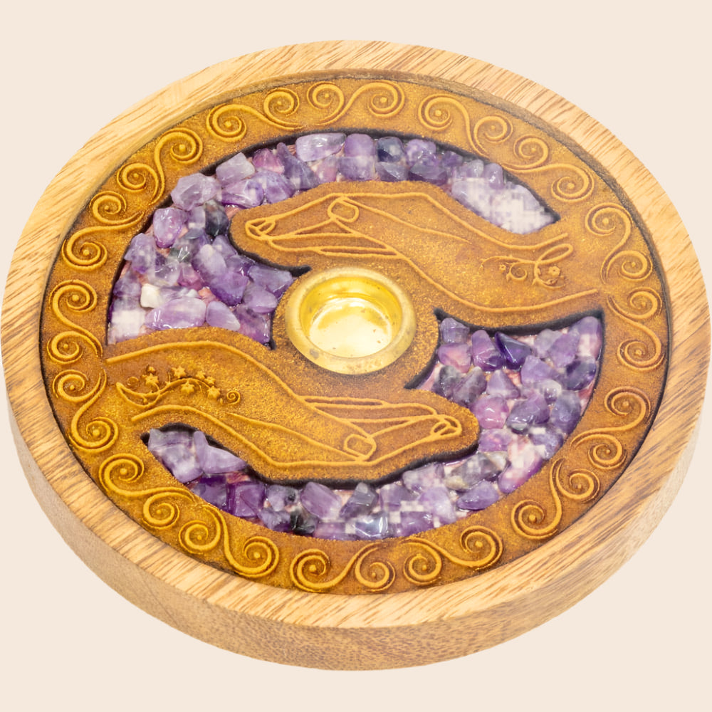 Laser Etched Wooden Round Incense Holder - Healing Hands w/ Amethyst