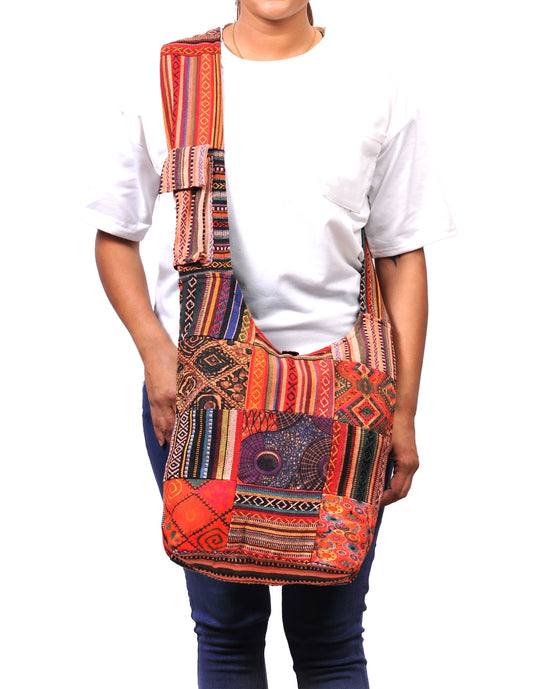 Patched Graphic Printed Cotton Hippie Hobo Bag