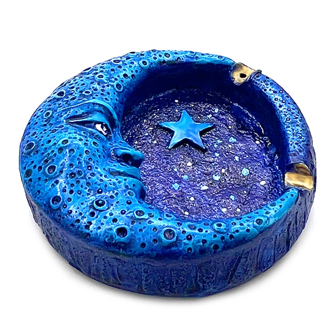 Blue Crescent Moon Round Flat Ash Tray
