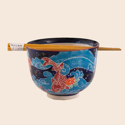 Koi Fish Design 18oz 5.25"D Bowl With Chopsticks Set