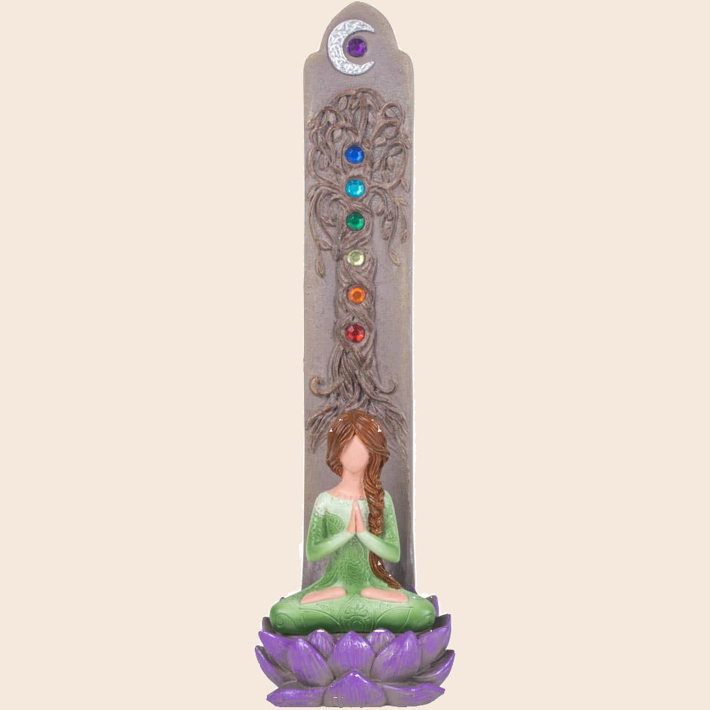 Polyresin Incense Holder - Yoga Goddess w/ Chakra Gems