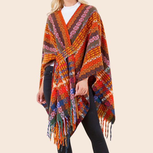 Multi-color Knit Shaw With Fringe