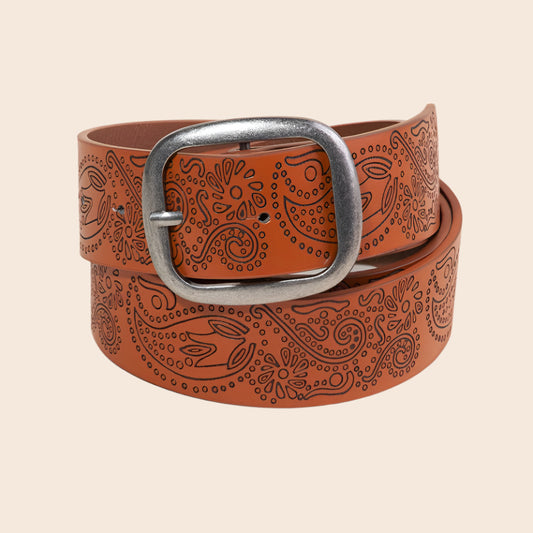 Etched Floral Faux Leather Belt