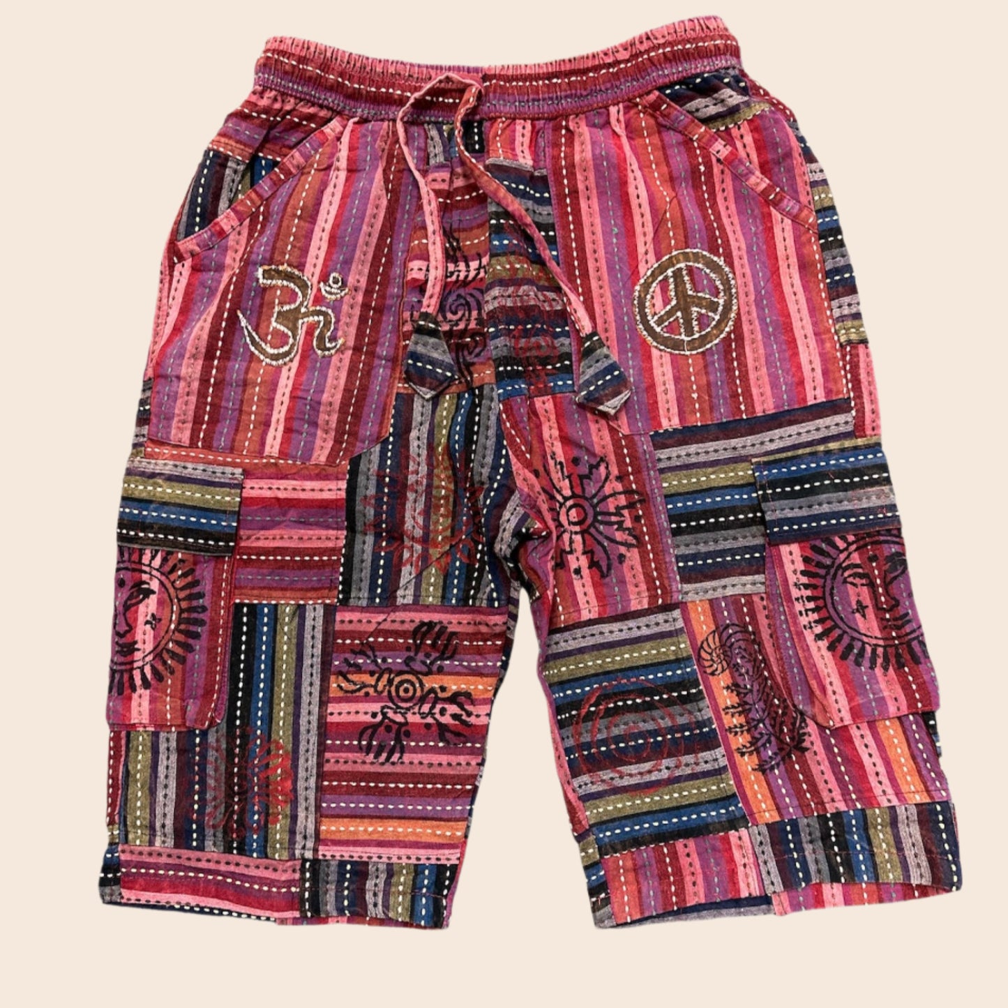 Red Embroidered Patchwork Shorts