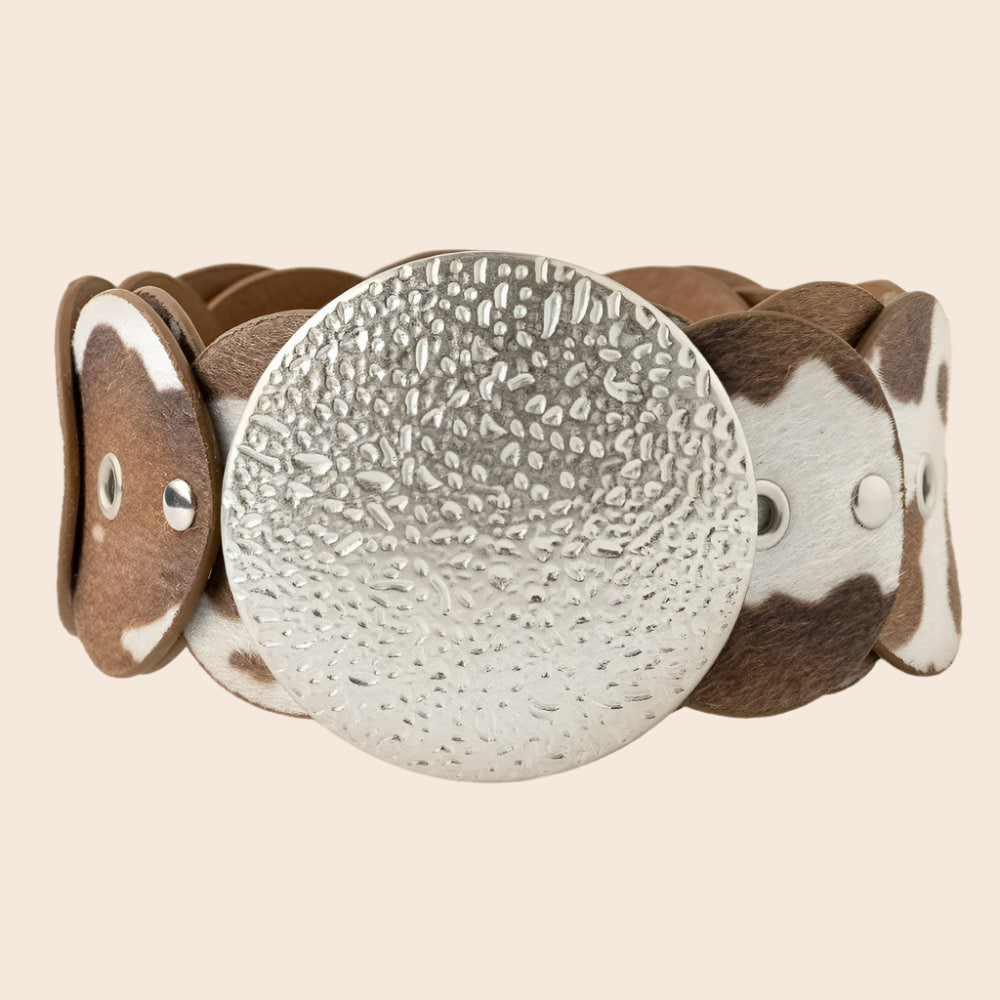 Western Inspired Faux Cowhide Large Round Buckle Belt