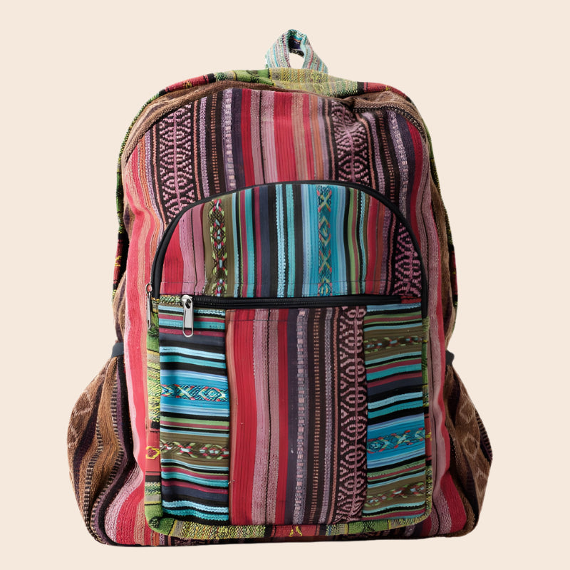 Multicolored striped backpack on a white background