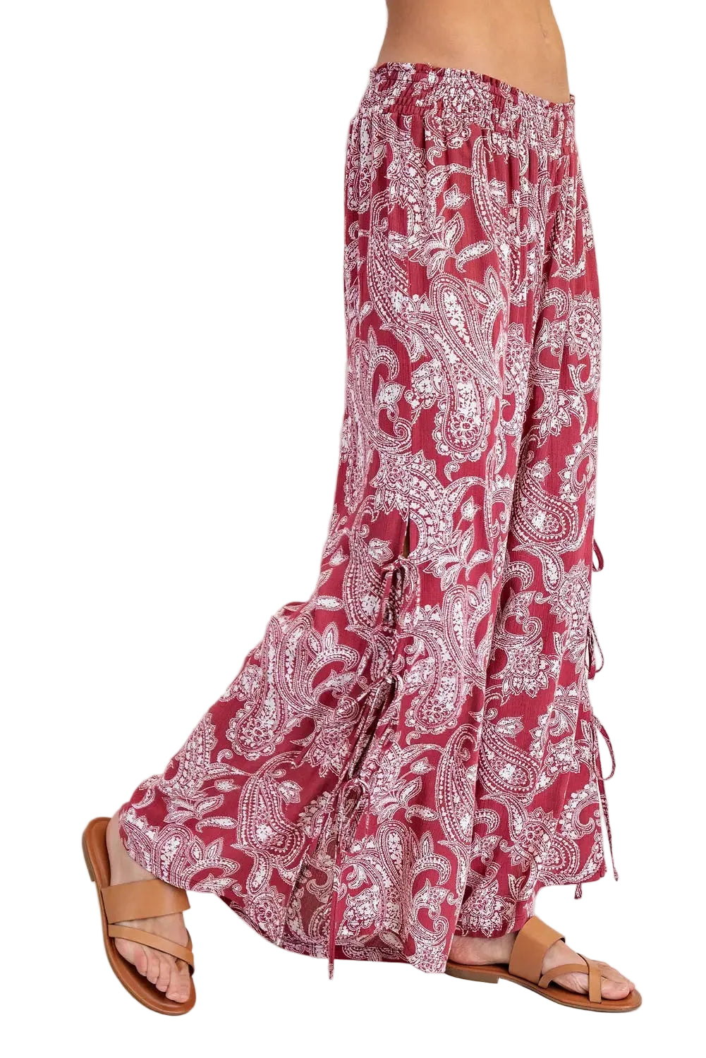 Paisley Printed Side Tie Wide Leg Pants