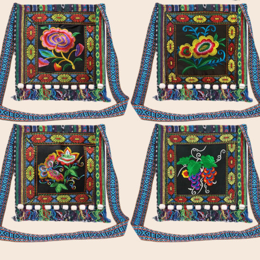 Huipil Floral Wood Fringe Tapestry Crossbody Bag