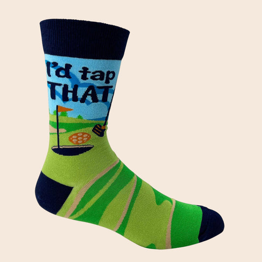 Golf-themed sock with 'I'd tap THAT' text on a white background