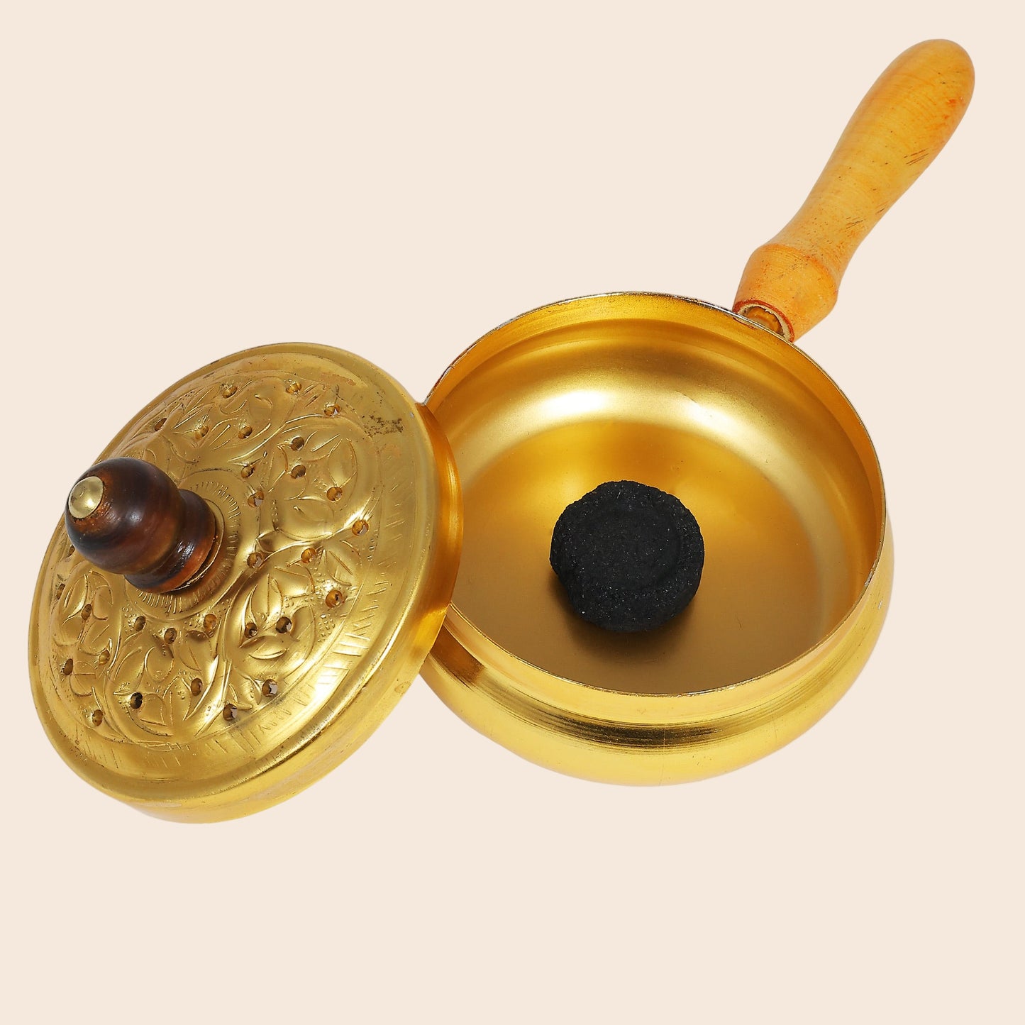 Charcoal Incense Burner with Lid & Wood handle in Brass finish