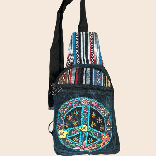 Cotton Peace Sign Crossbody Sling Bag