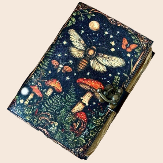 Leather Journal Blank Vintage Notebook with Mushroom Print