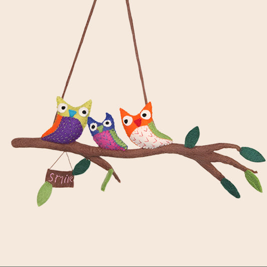 Felted Three Owls in Branch Wall Hanging