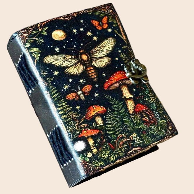 Leather Journal Blank Vintage Notebook with Mushroom Print