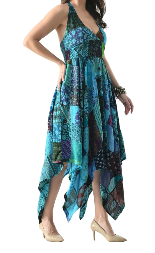 Patchwork Handkerchief Hem Midi Dress