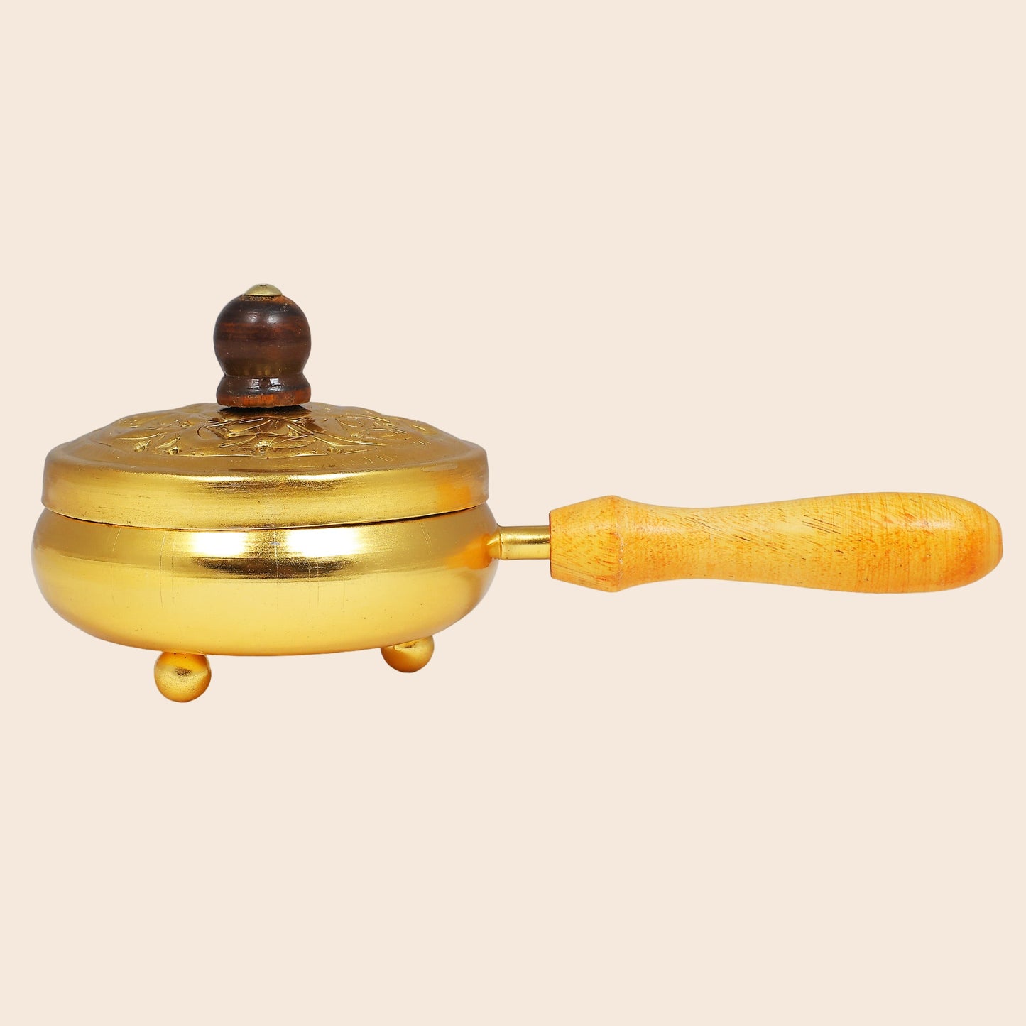 Charcoal Incense Burner with Lid & Wood handle in Brass finish
