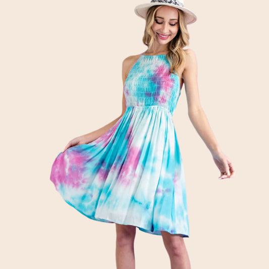 Smoked Tie-Dye Halter Neck Dress