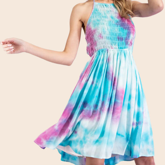 Smoked Tie-Dye Halter Neck Dress