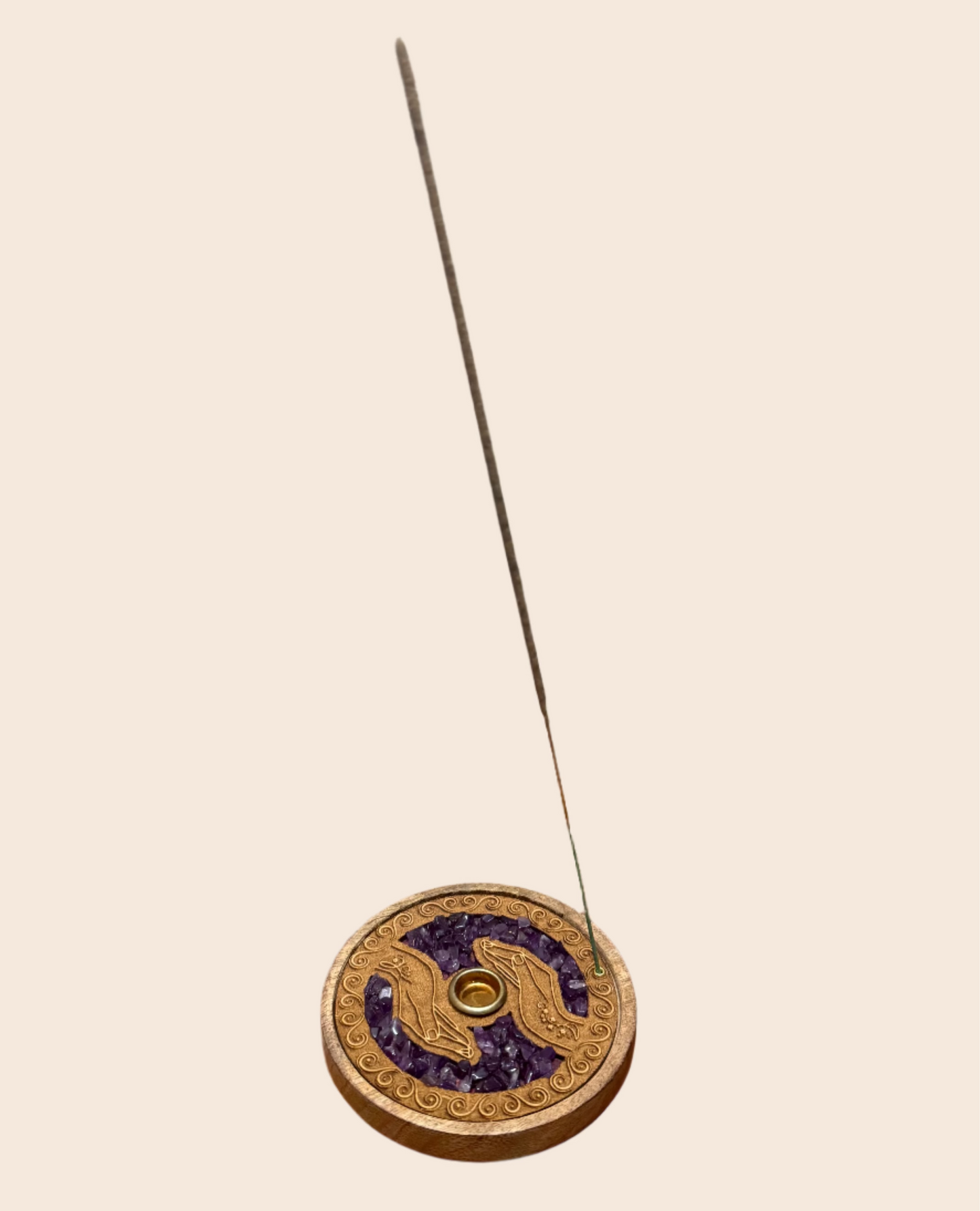 Laser Etched Wooden Round Incense Holder - Healing Hands w/ Amethyst