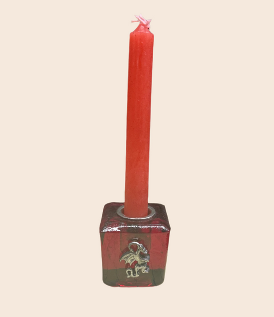 Red Mini Glass Candle Holder w/ Dragon